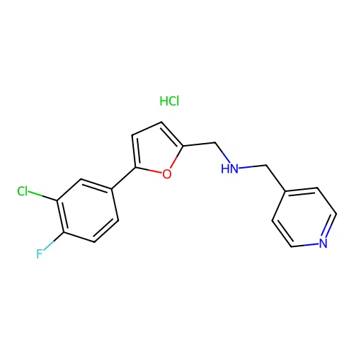 1-(5-(3-chloro-4-fluorophenyl)furan-2-yl)-N-(pyridin-4-ylmethyl)methanamine hydrochloride structure