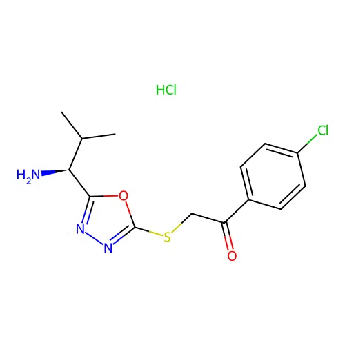 2-[5-((S)-1-Amino-2-methyl-propyl)-[1,3,4]oxadiazol-2-ylsulfanyl]-1-(4-chloro-phenyl)-ethanone structure