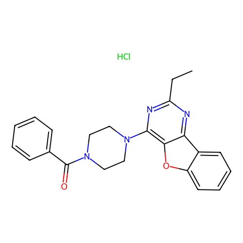 (4-(2-ethylbenzofuro[3,2-d]pyrimidin-4-yl)piperazin-1-yl)(phenyl)methanone hydrochloride structure