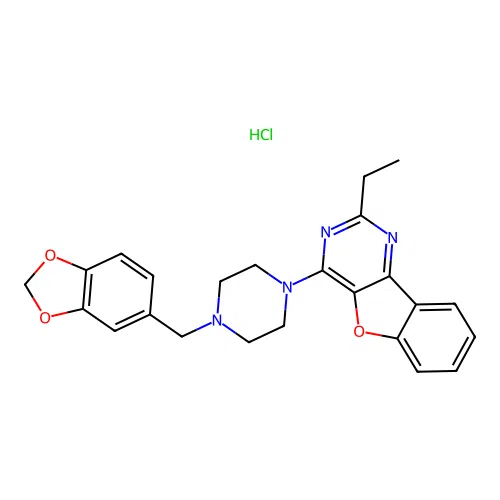 4-(4-(benzo[d][1,3]dioxol-5-ylmethyl)piperazin-1-yl)-2-ethylbenzofuro[3,2-d]pyrimidine hydrochloride structure