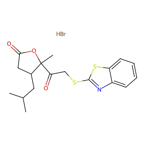 5-[2-(Benzothiazol-2-ylsulfanyl)-acetyl]-4-isobutyl-5-methyl-dihydro-furan-2-one structure
