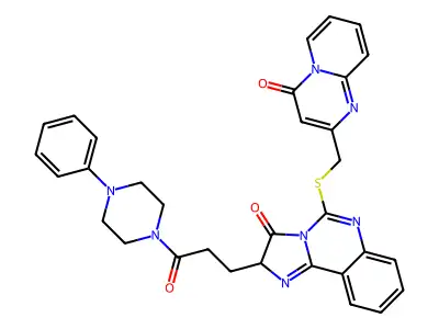 2-[3-oxo-3-(4-phenylpiperazin-1-yl)propyl]-5-[({4-oxo-4H-pyrido[1,2-a]pyrimidin-2-yl}methyl)sulfanyl]-2H,3H-imidazo[1,2-c]quinazolin-3-one structure