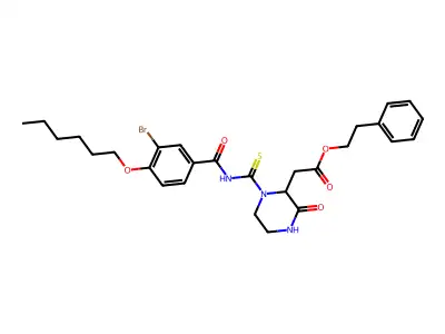2-Phenylethyl 1-[[[3-bromo-4-(hexyloxy)benzoyl]amino]thioxomethyl]-3-oxo-2-piperazineacetate structure