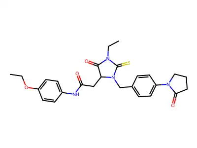 N-(4-ethoxyphenyl)-2-[1-ethyl-5-oxo-3-[[4-(2-oxopyrrolidin-1-yl)phenyl]methyl]-2-sulfanylideneimidazolidin-4-yl]acetamide structure