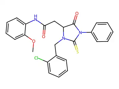 2-[3-(2-chlorobenzyl)-5-oxo-1-phenyl-2-thioxoimidazolidin-4-yl]-N-(2-methoxyphenyl)acetamide structure