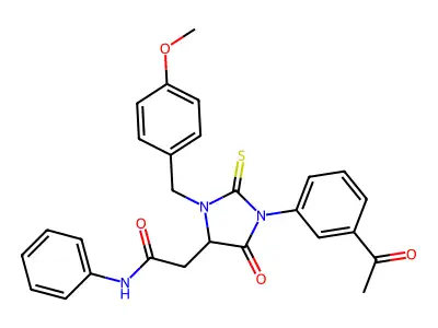 2-[1-(3-acetylphenyl)-3-(4-methoxybenzyl)-5-oxo-2-thioxoimidazolidin-4-yl]-N-phenylacetamide structure