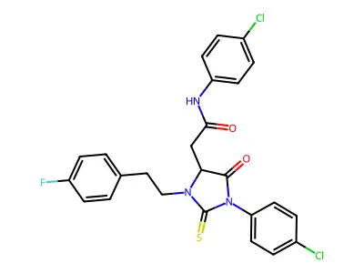 N-(4-chlorophenyl)-2-{1-(4-chlorophenyl)-3-[2-(4-fluorophenyl)ethyl]-5-oxo-2-thioxoimidazolidin-4-yl}acetamide structure
