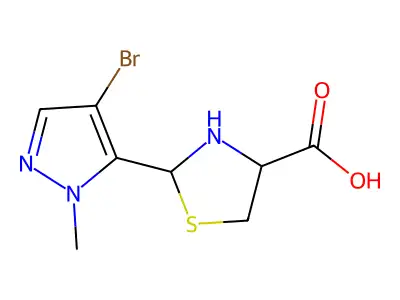 2-(4-bromo-1-methyl-1H-pyrazol-5-yl)-1,3-thiazolidine-4-carboxylic acid structure