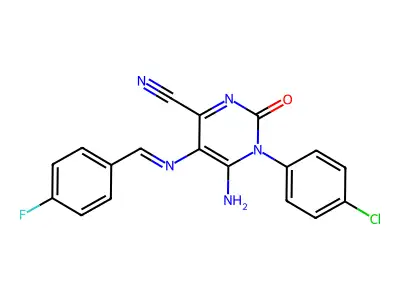 1-(4-chlorophenyl)-5-[(E)-[(4-fluorophenyl)methylidene]amino]-6-imino-2-oxo-1,2,3,6-tetrahydropyrimidine-4-carbonitrile structure