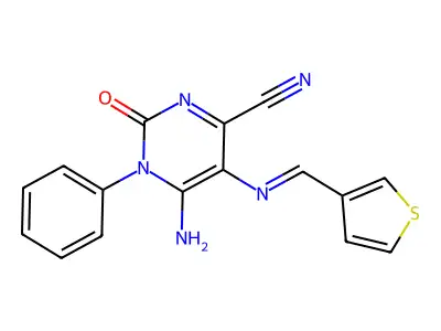 6-imino-2-oxo-1-phenyl-5-[(E)-[(thiophen-3-yl)methylidene]amino]-1,2,3,6-tetrahydropyrimidine-4-carbonitrile structure