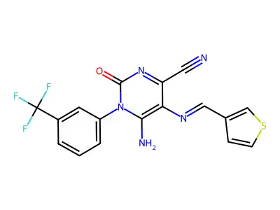 6-imino-2-oxo-5-[(E)-[(thiophen-3-yl)methylidene]amino]-1-[3-(trifluoromethyl)phenyl]-1,2,3,6-tetrahydropyrimidine-4-carbonitrile structure