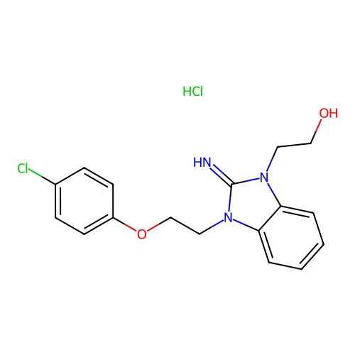 2-(3-(2-(4-chlorophenoxy)ethyl)-2-imino-2,3-dihydro-1H-benzo[d]imidazol-1-yl)ethanol hydrochloride structure
