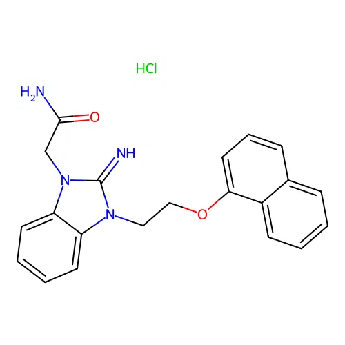 2-(2-imino-3-(2-(naphthalen-1-yloxy)ethyl)-2,3-dihydro-1H-benzo[d]imidazol-1-yl)acetamide hydrochloride structure