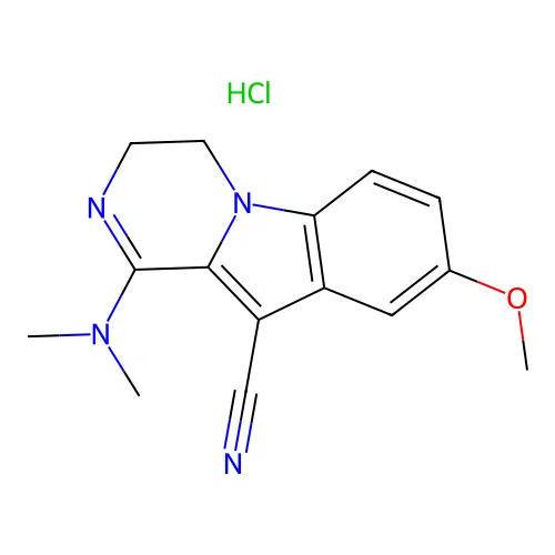 1-(dimethylamino)-8-methoxy-3,4-dihydropyrazino[1,2-a]indole-10-carbonitrile hydrochloride structure