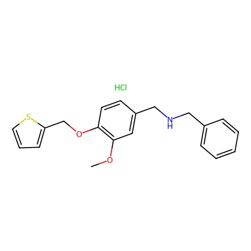 N-benzyl-1-(3-methoxy-4-(thiophen-2-ylmethoxy)phenyl)methanamine hydrochloride structure