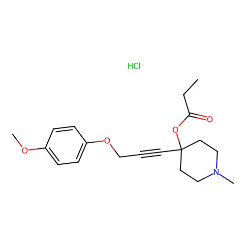 4-(3-(4-methoxyphenoxy)prop-1-yn-1-yl)-1-methylpiperidin-4-yl propionate hydrochloride structure