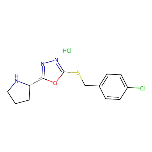 (S)-2-((4-chlorobenzyl)thio)-5-(pyrrolidin-2-yl)-1,3,4-oxadiazole hydrochloride structure