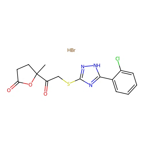 5-(2-((5-(2-chlorophenyl)-4H-1,2,4-triazol-3-yl)thio)acetyl)-5-methyldihydrofuran-2(3H)-one hydrobromide structure
