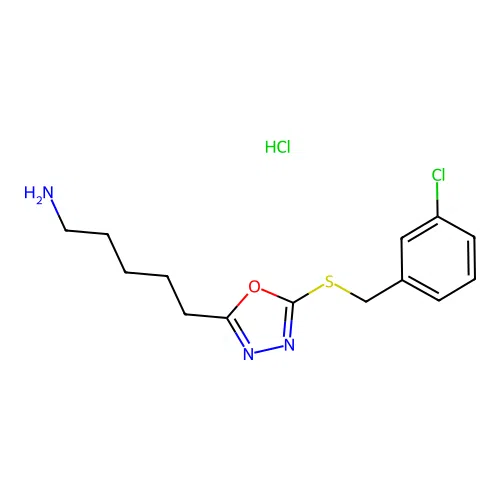 5-(5-((3-Chlorobenzyl)thio)-1,3,4-oxadiazol-2-yl)pentan-1-amine hydrochloride structure