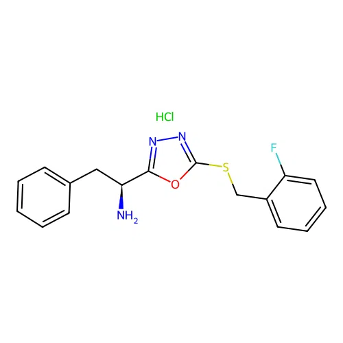 (S)-1-(5-((2-fluorobenzyl)thio)-1,3,4-oxadiazol-2-yl)-2-phenylethanamine hydrochloride structure
