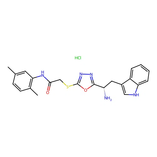 (S)-2-((5-(1-amino-2-(1H-indol-3-yl)ethyl)-1,3,4-oxadiazol-2-yl)thio)-N-(2,5-dimethylphenyl)acetamide hydrochloride structure
