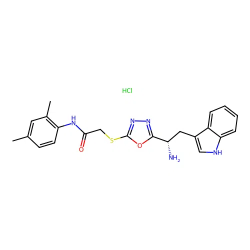 (S)-2-((5-(1-amino-2-(1H-indol-3-yl)ethyl)-1,3,4-oxadiazol-2-yl)thio)-N-(2,4-dimethylphenyl)acetamide hydrochloride structure