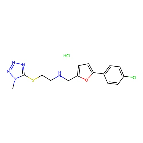 N-((5-(4-chlorophenyl)furan-2-yl)methyl)-2-((1-methyl-1H-tetrazol-5-yl)thio)ethanamine hydrochloride structure