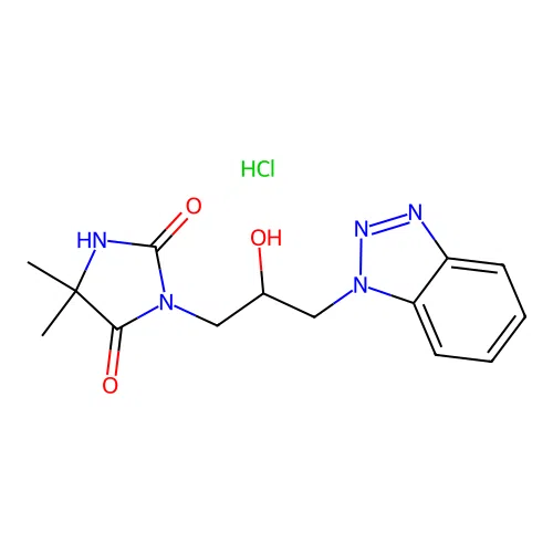 3-(3-(1H-benzo[d][1,2,3]triazol-1-yl)-2-hydroxypropyl)-5,5-dimethylimidazolidine-2,4-dione hydrochloride structure