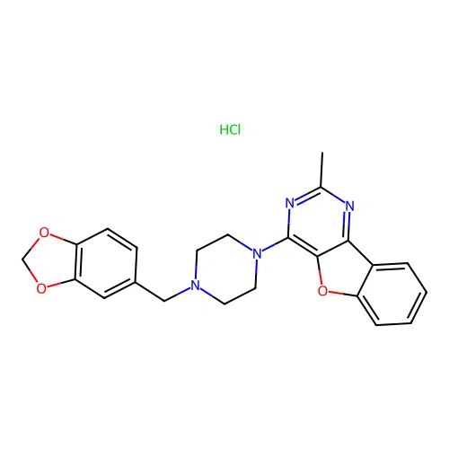 4-(4-(benzo[d][1,3]dioxol-5-ylmethyl)piperazin-1-yl)-2-methylbenzofuro[3,2-d]pyrimidine hydrochloride structure
