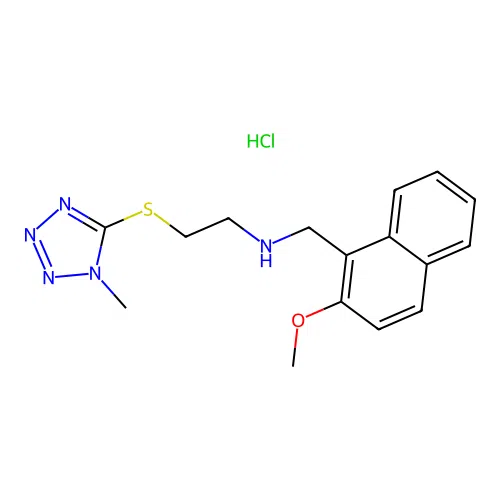 N-((2-methoxynaphthalen-1-yl)methyl)-2-((1-methyl-1H-tetrazol-5-yl)thio)ethanamine hydrochloride structure