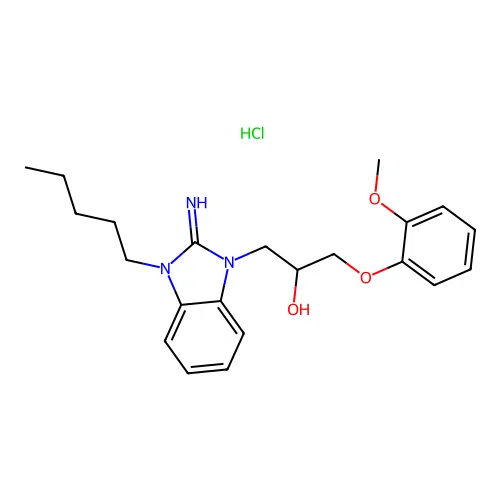 1-(2-imino-3-pentyl-2,3-dihydro-1H-benzo[d]imidazol-1-yl)-3-(2-methoxyphenoxy)propan-2-ol hydrochloride structure