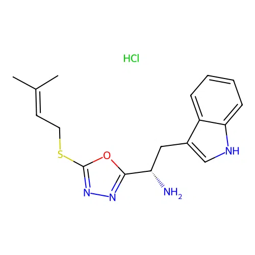(S)-2-(1H-indol-3-yl)-1-(5-((3-methylbut-2-en-1-yl)thio)-1,3,4-oxadiazol-2-yl)ethanamine hydrochloride structure