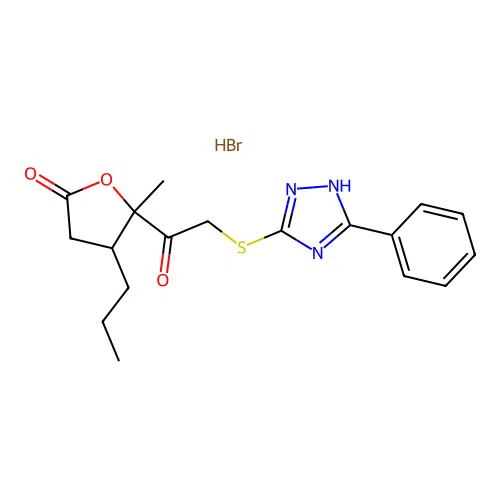 5-methyl-5-(2-((5-phenyl-4H-1,2,4-triazol-3-yl)thio)acetyl)-4-propyldihydrofuran-2(3H)-one hydrobromide structure