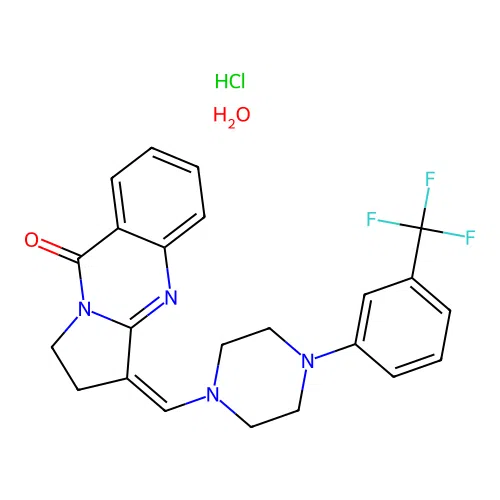 (Z)-3-((4-(3-(trifluoromethyl)phenyl)piperazin-1-yl)methylene)-2,3-dihydropyrrolo[2,1-b]quinazolin-9(1H)-one hydrochloride hydrate structure