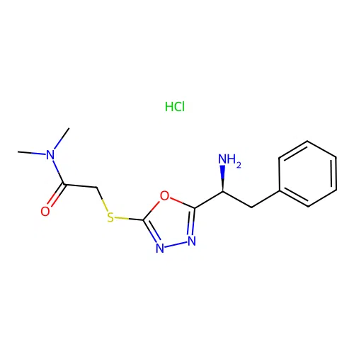 (S)-2-((5-(1-amino-2-phenylethyl)-1,3,4-oxadiazol-2-yl)thio)-N,N-dimethylacetamide hydrochloride structure
