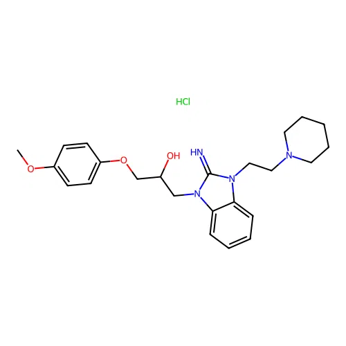 1-(2-imino-3-(2-(piperidin-1-yl)ethyl)-2,3-dihydro-1H-benzo[d]imidazol-1-yl)-3-(4-methoxyphenoxy)propan-2-ol hydrochloride structure