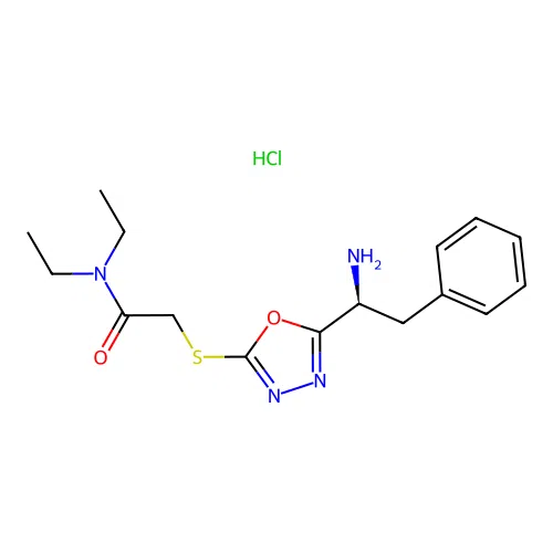 (S)-2-((5-(1-amino-2-phenylethyl)-1,3,4-oxadiazol-2-yl)thio)-N,N-diethylacetamide hydrochloride structure