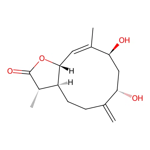 1alpha,3beta-Dihydroxy-7alpha,11betaH-germacra-4Z,10(14)-dien-12,6alpha-olide structure