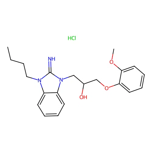 1-(3-butyl-2-imino-2,3-dihydro-1H-benzo[d]imidazol-1-yl)-3-(2-methoxyphenoxy)propan-2-ol hydrochloride structure