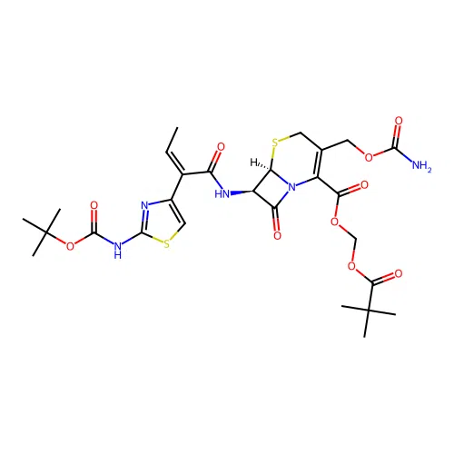 7beta-[(Z)-2-(2-t-butoxycarbonylaminothiazol-4-yl)-2-butenoyl]amino-3-carbamoyloxymethyl-3-cephem-4-carboxylic acid pivaloyloxymethyl ester structure