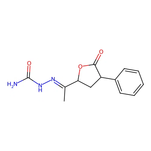 (2E)-2-[1-(5-oxo-4-phenyltetrahydrofuran-2-yl)ethylidene]hydrazinecarboxamide structure