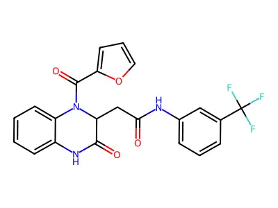 2-[1-(2-furylcarbonyl)-3-oxo-1,2,3,4-tetrahydro-2-quinoxalinyl]-N~1~-[3-(trifluoromethyl)phenyl]acetamide structure