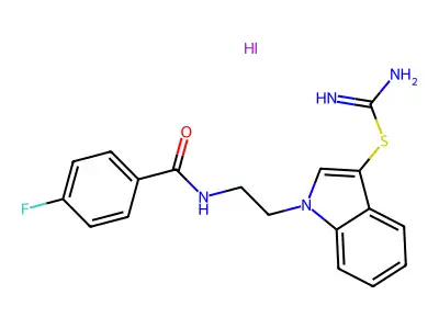 1-(2-(4-fluorobenzamido)ethyl)-1H-indol-3-yl carbamimidothioate hydroiodide structure