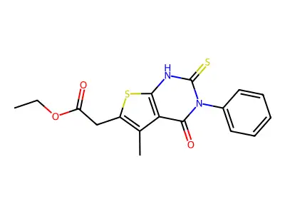 Thieno(2,3-d)pyrimidine-6-acetic acid, 1,2,3,4-tetrahydro-5-methyl-4-oxo-3-phenyl-2-thioxo-, ethyl ester structure