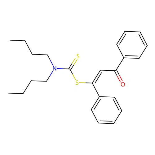 Carbamodithioic acid, dibutyl-, 3-oxo-1,3-diphenyl-1-propenyl ester structure
