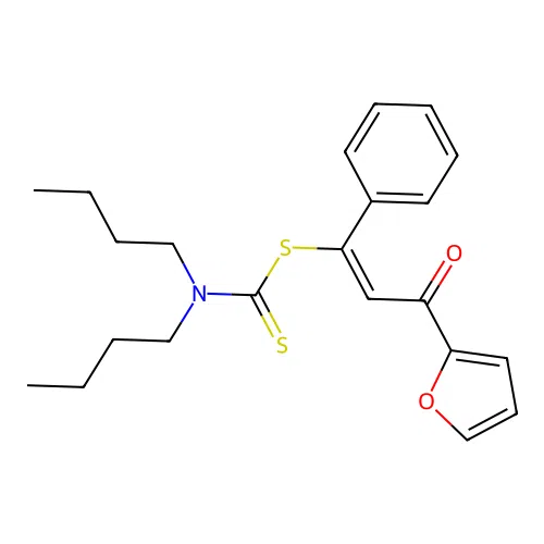 Carbamodithioic acid, dibutyl-, 3-(2-furanyl)-3-oxo-1-phenyl-1-propenyl ester structure