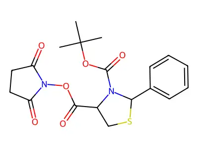3-Thiazolidinecarboxylic acid, 4-(((2,5-dioxo-1-pyrrolidinyl)oxy)carbonyl)-2-phenyl-, 1,1-dimethylethyl ester structure