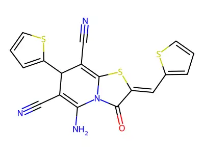 (2Z)-5-amino-3-oxo-7-(thiophen-2-yl)-2-(thiophen-2-ylmethylidene)-2,3-dihydro-7H-[1,3]thiazolo[3,2-a]pyridine-6,8-dicarbonitrile structure