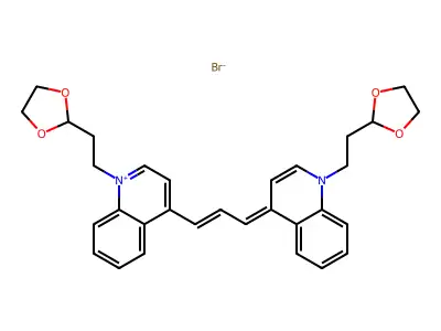 1-[2-(1,3-dioxolan-2-yl)ethyl]-4-[3-[1-[2-(1,3-dioxolan-2-yl)ethyl]quinolin-1-ium-4-yl]prop-2-enylidene]quinoline bromide structure