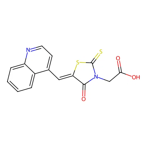 (Z)-2-(4-oxo-5-(quinolin-4-ylmethylene)-2-thioxothiazolidin-3-yl)acetic acid structure